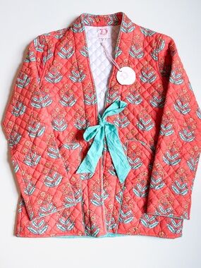 Victoria Dunn Coral Quilted Jacket with Aqua Tie